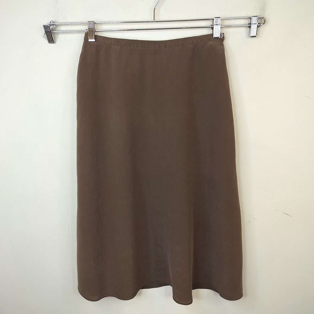 Jones New York Silk A-Line Skirt 10 Midi Minimalist Classic Brown